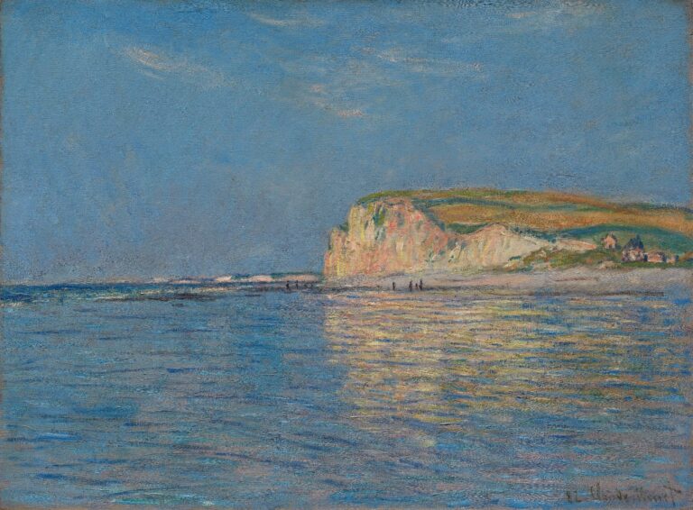 A wide expanse of wet sand reflecting pale sky tones, with small rowboats and a few figures near the water’s edge, framed by distant chalk cliffs under a soft, overcast sky.