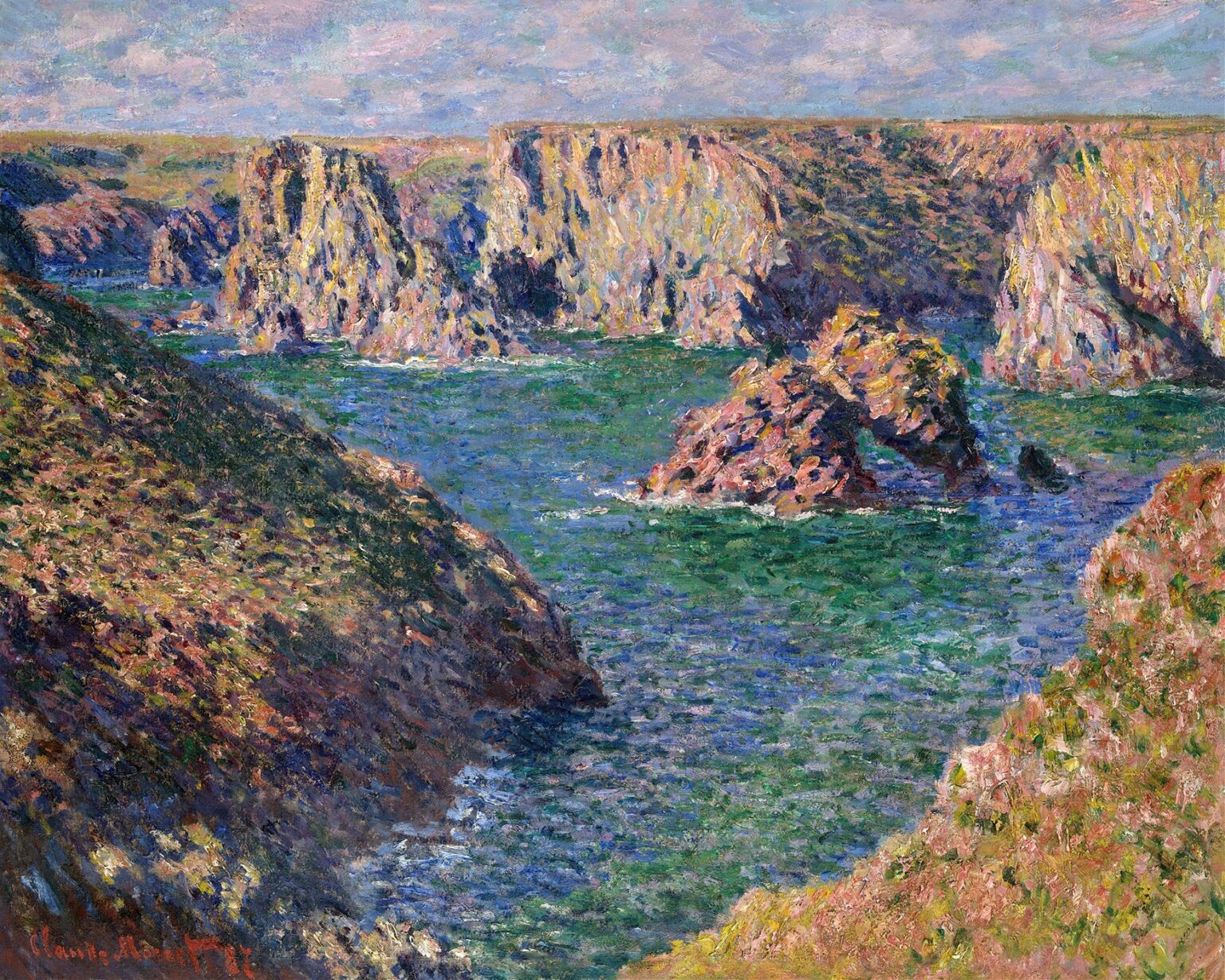 Steep pink and purple-tinged cliffs framing an emerald-green inlet under a cloud-streaked sky, painted with thick, textured brushstrokes that evoke the sea’s movement and the rock’s rugged surfaces.