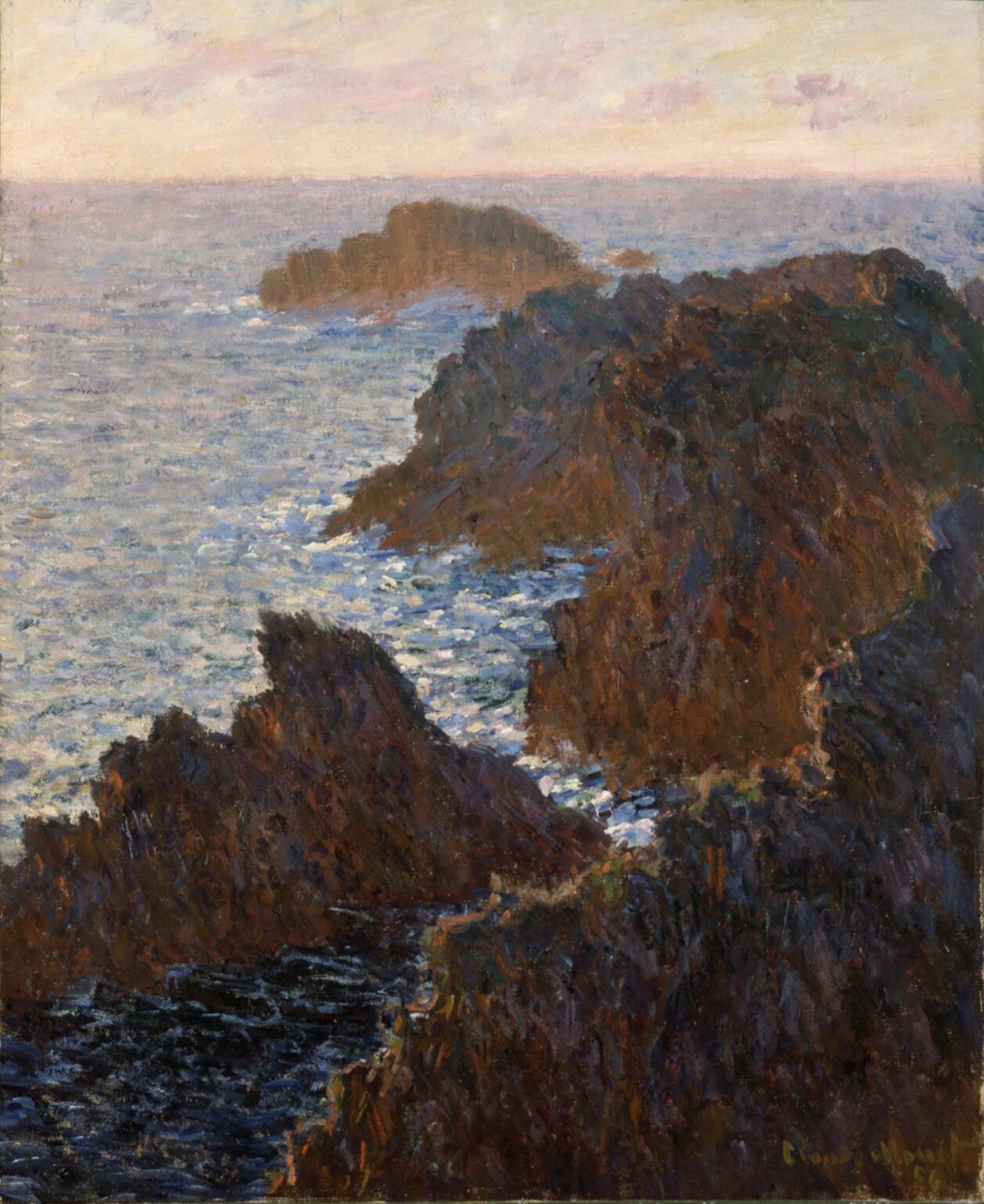 Jagged coastal rocks in warm pinks and ochres jut into an emerald-blue inlet under a cloud-streaked sky, with sunlit water sparkling between rock faces in thick, expressive brushstrokes.