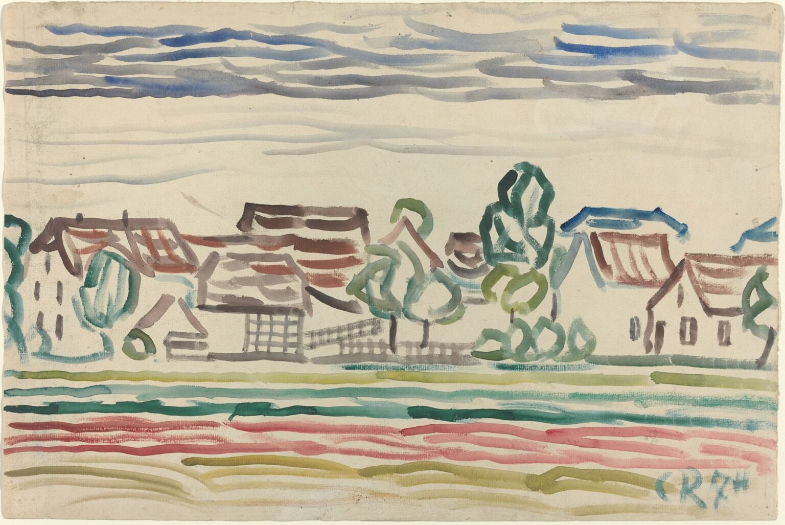 A loose watercolor landscape depicting a row of red-roofed houses among simplified green trees above striped fields of red, green, and ochre, all beneath a banded blue-gray sky on cream-colored paper.