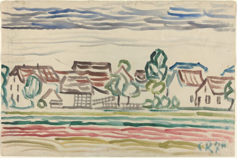 A loose watercolor landscape depicting a row of red-roofed houses among simplified green trees above striped fields of red, green, and ochre, all beneath a banded blue-gray sky on cream-colored paper.