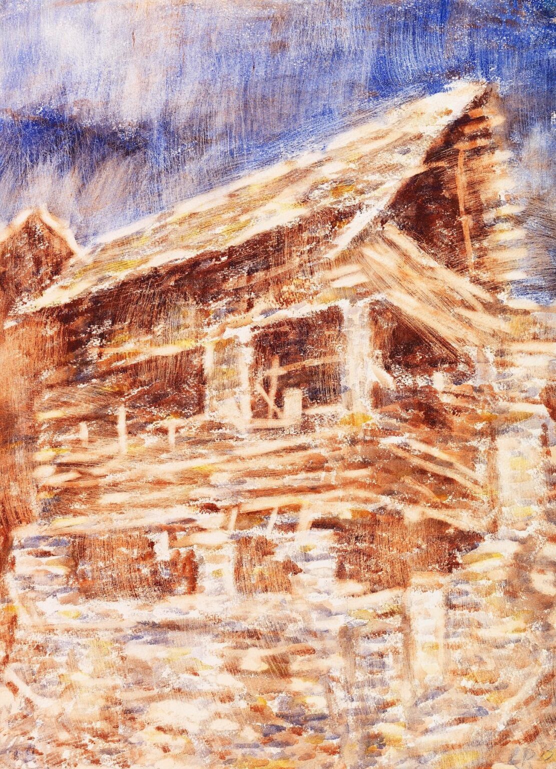 Expressionist painting by Christian Rohlfs depicting a rustic house tucked into a forest clearing, rendered in layered washes of ochre, sienna, and blue with delicate, abstracted strokes suggesting trees and sky.