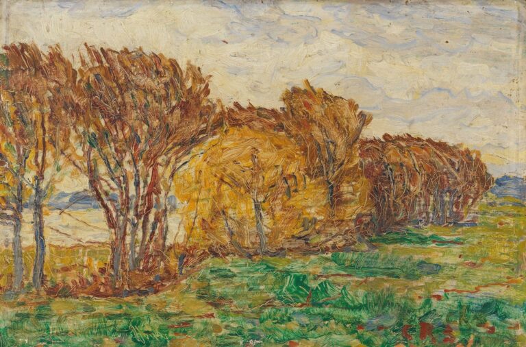 Expressionist landscape by Christian Rohlfs depicting a row of windswept pollarded trees in autumnal gold and russet on the edge of a green field under a swirling pale sky, painted with dynamic, textured brushstrokes.