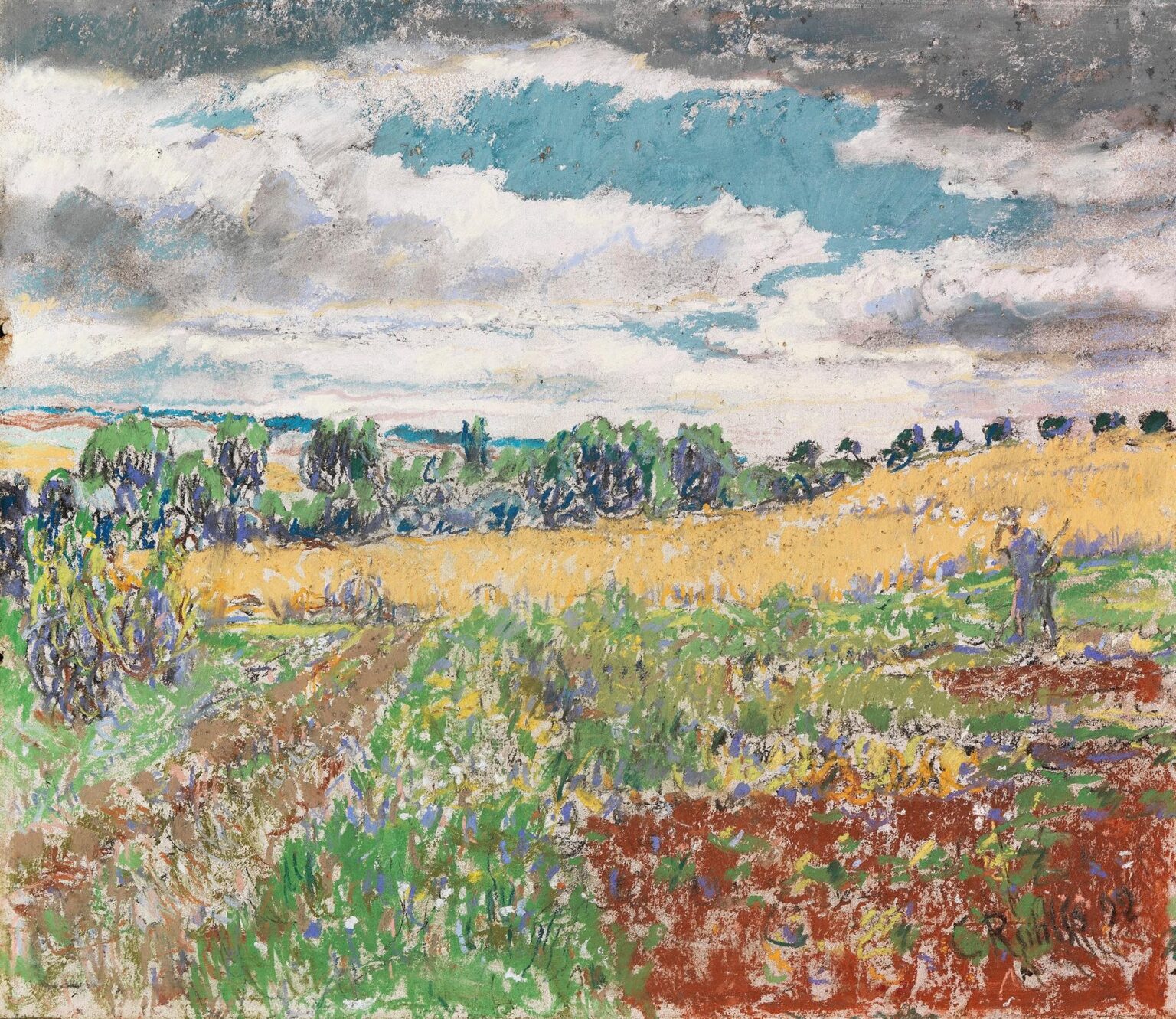 Summer landscape by Christian Rohlfs featuring a golden field under a vast sky, rendered in vibrant brushstrokes of ochre, green, crimson, and pale blue with a line of trees on the horizon and textured, rhythmic paint application.