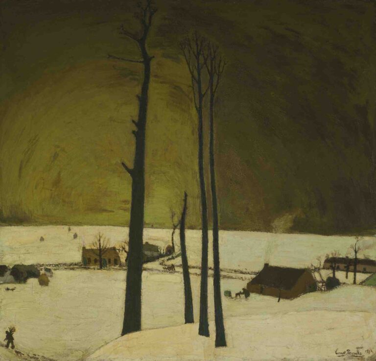 A snow-covered Belgian village under an olive-green winter sky, with four tall bare tree trunks in the foreground, farmhouse silhouettes, and a lone figure walking through the drifts on the left.