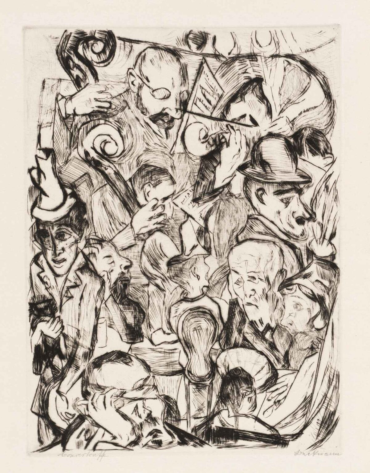 Black‑ink etching showing a crowded ensemble of musicians and masked figures, hands gripping cello and violin scrolls, overlapping faces rendered with intense cross‑hatching and fluid, expressive lines.