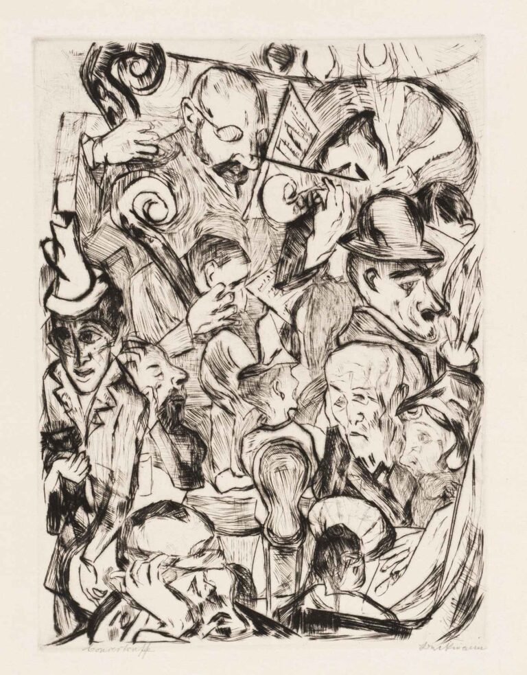 Black‑ink etching showing a crowded ensemble of musicians and masked figures, hands gripping cello and violin scrolls, overlapping faces rendered with intense cross‑hatching and fluid, expressive lines.