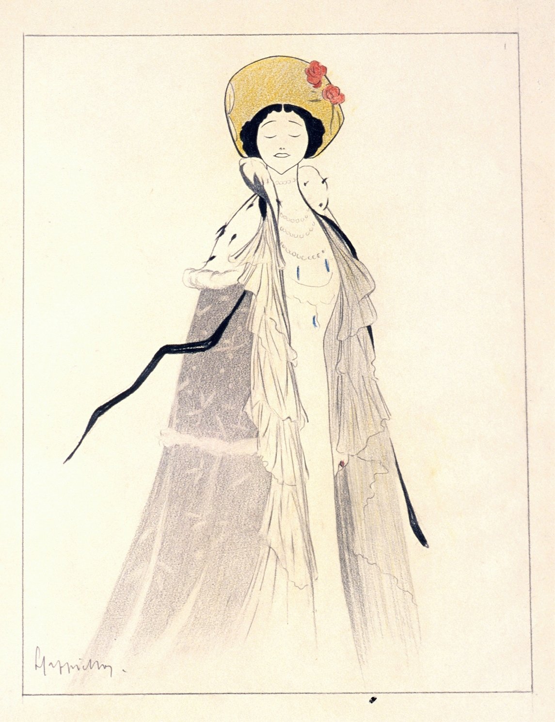 A tall, slender stylized portrait of a woman wearing a luxurious fur-trimmed coat over a ruffled gown, multiple strands of pearls, and a wide-brimmed golden hat adorned with red roses, standing with eyes closed against a pale background.