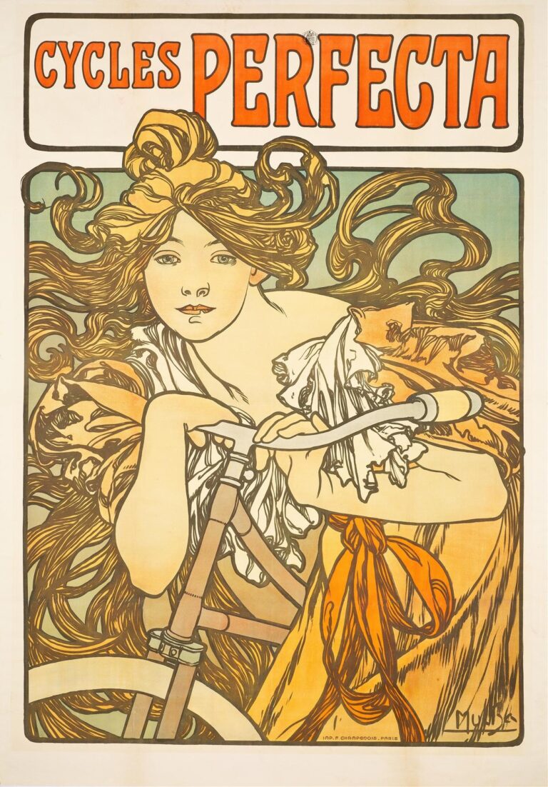 Art Nouveau poster depicting a semi‑nude woman with flowing hair clutching bicycle handlebars, framed by sinuous botanical borders and topped by bold orange lettering “Cycles Perfecta.”
