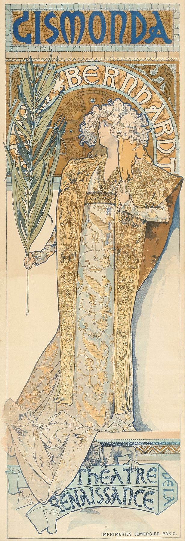 Art Nouveau poster showing a regal woman in a gold‑embroidered blue gown and floral crown holding a palm frond, set before a mosaic arch with the word “GISMONDA” above.