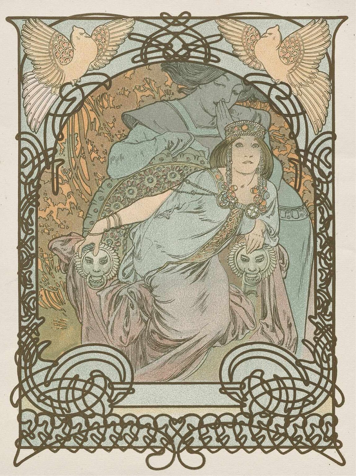 Art Nouveau lithograph depicting Princess Ilsee seated in a flowing pastel robe and jeweled crown, flanked by stylized birds and enclosed within an ornate curvilinear frame.