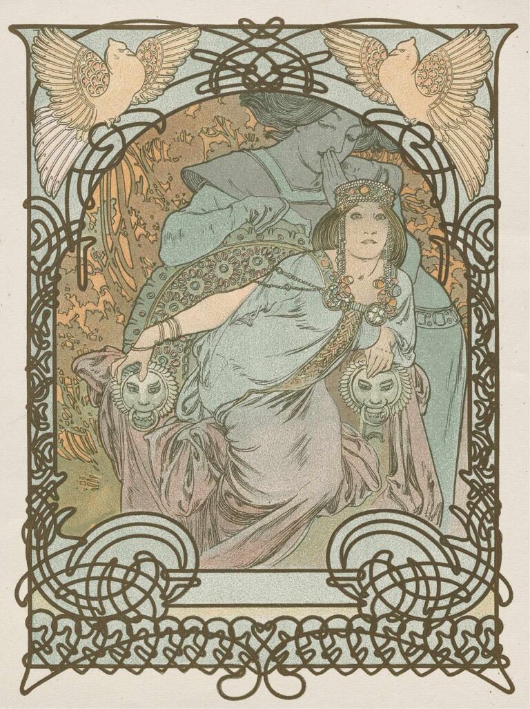 Art Nouveau lithograph depicting Princess Ilsee seated in a flowing pastel robe and jeweled crown, flanked by stylized birds and enclosed within an ornate curvilinear frame.