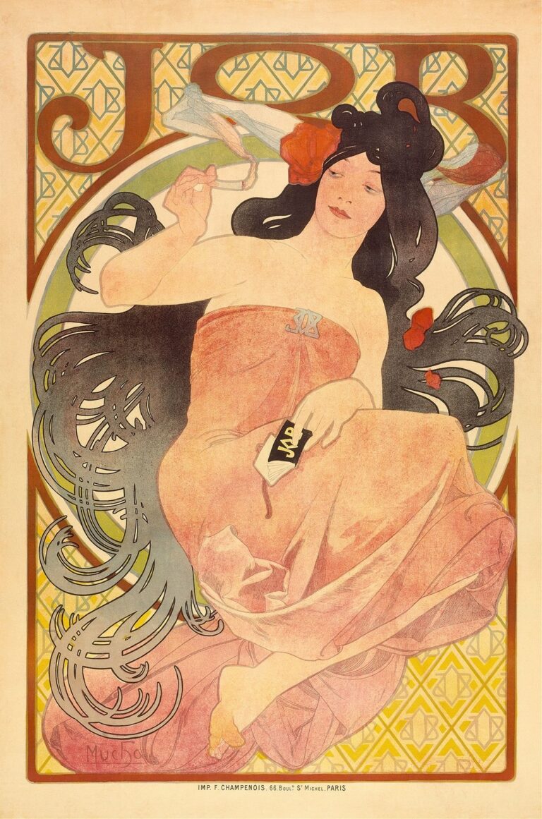 Art Nouveau poster featuring a reclining woman in a flowing rose‑pink gown with long, swirling dark hair, holding a cigarette paper as a wisp of smoke curls upward, set against a circular motif and stylized “JOB” lettering.