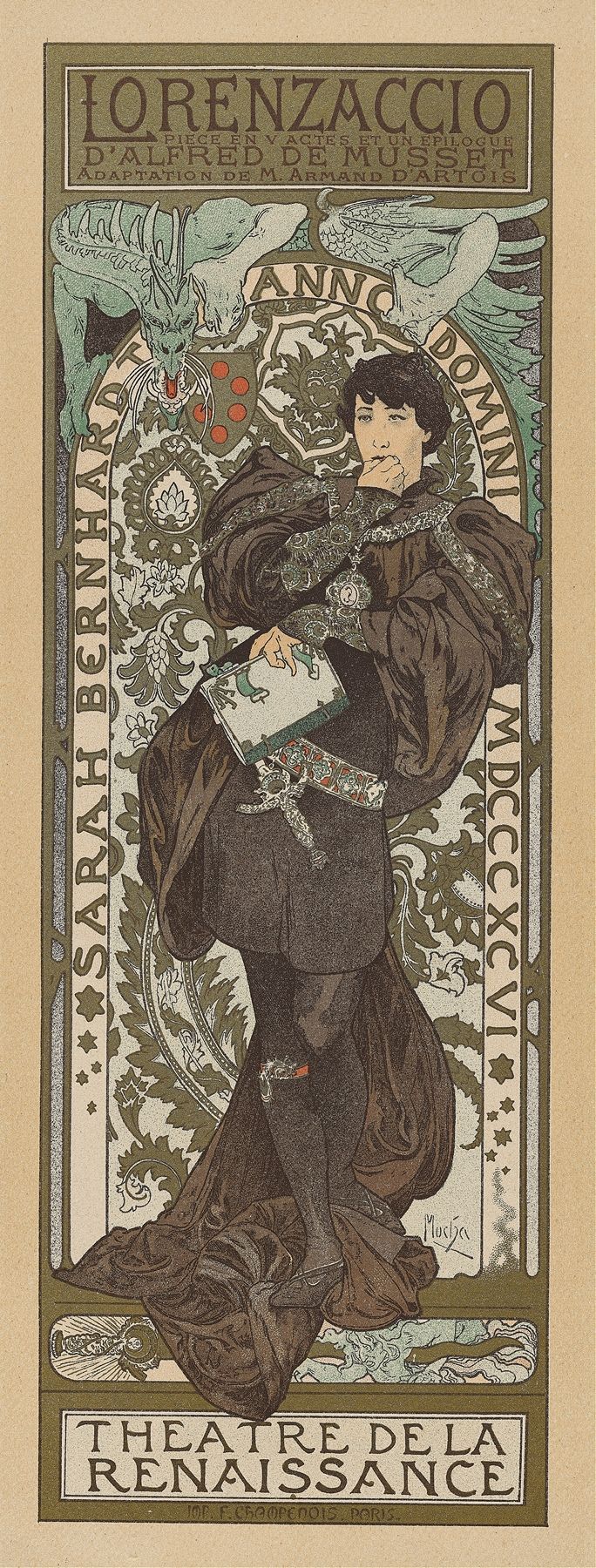Art Nouveau poster featuring Sarah Bernhardt as Lorenzo de’ Medici in rich Renaissance costume, flanked by a dragon and a gryphon against a decorative medallion and ornate frame.