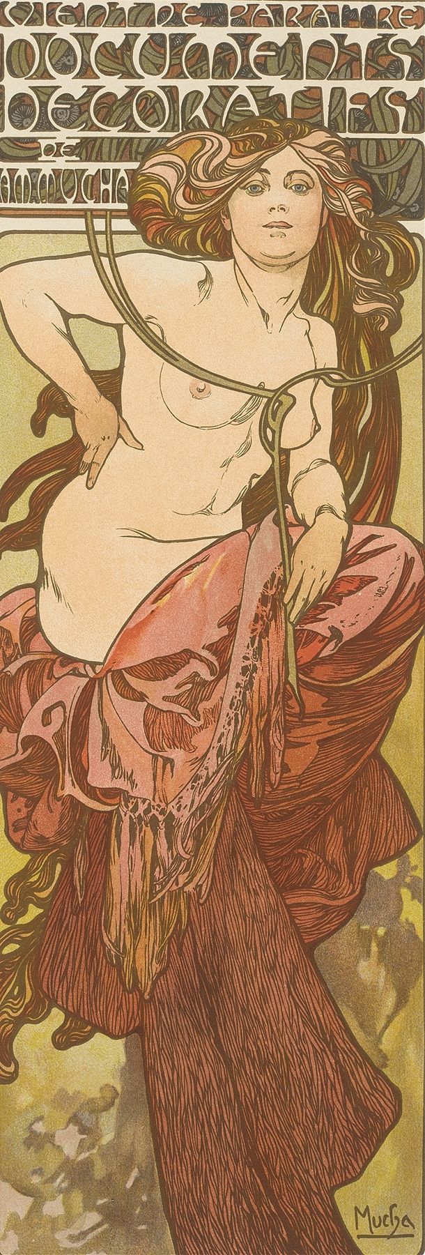 Art Nouveau print showing a graceful nude woman with long, flowing hair entwined in decorative bands, holding a draped shawl against a patterned background.