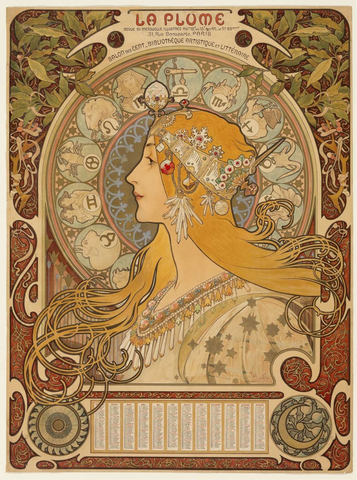 Art Nouveau lithograph of a woman in profile with flowing golden hair and jeweled headpiece, set against a circular wheel of the twelve zodiac signs, all enclosed within ornate botanical borders.