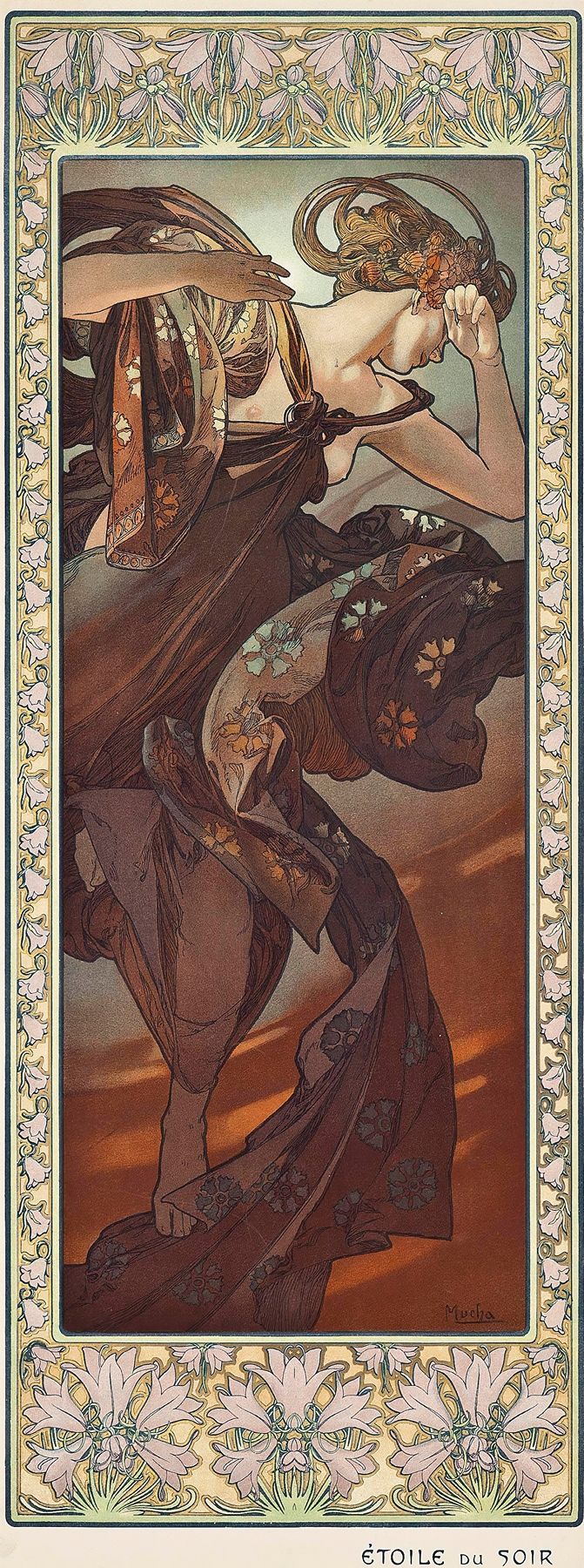 Art Nouveau lithograph “Étoile du Soir” showing a graceful female dancer in flowing patterned robes, poised against a sunset sky and circular halo, framed by stylized floral bands and swirling clouds.