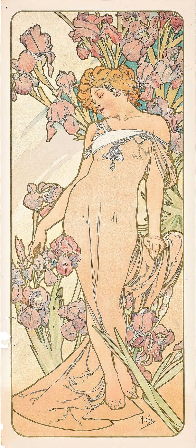 Art Nouveau lithograph “The Iris” by Alphonse Mucha (1897), depicting an idealized female figure in a flowing white gown standing among tall mauve iris blooms, framed by a circular gold halo and muted tree silhouettes.