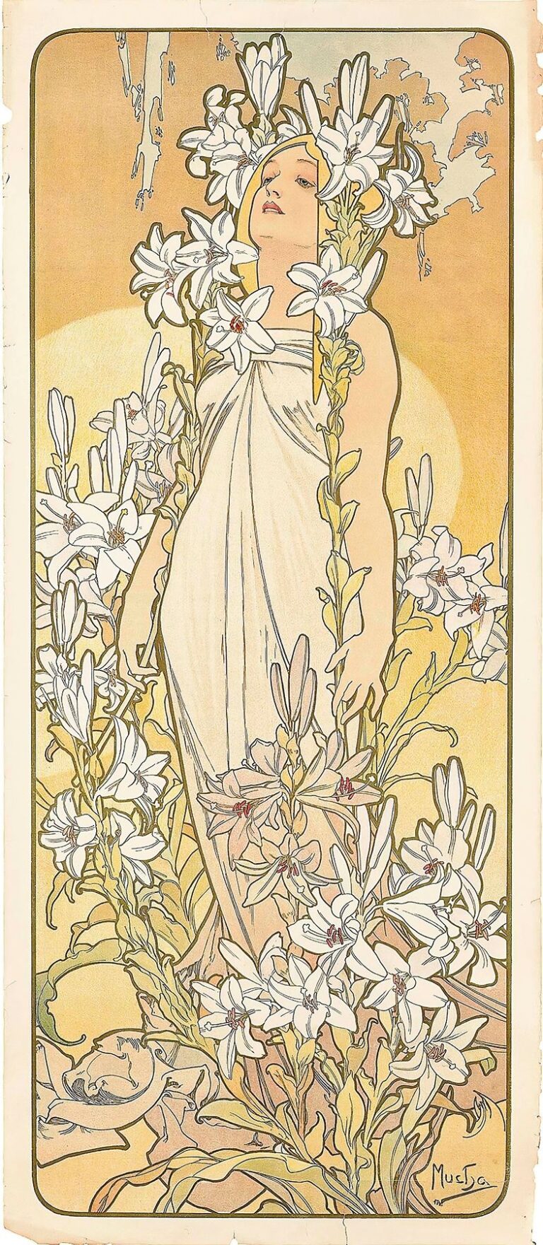 Art Nouveau panel depicting an idealized woman in a flowing white gown rising among white lily blossoms, crowned with lilies, framed by a golden sun halo and sinuous olive silhouettes, unified by sinuous lines and pastel color washes.