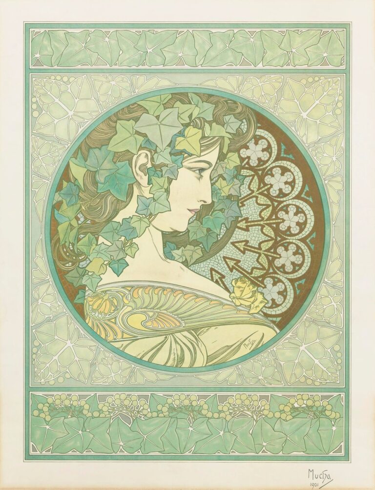 Art Nouveau lithograph “Ivy” by Alphonse Mucha (1901) showing a female profile crowned in lush ivy leaves, framed by a circular medallion and bordered by repeating ivy‐leaf patterns, in soft greens and golds.