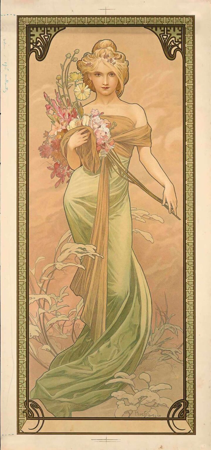 Art Nouveau panel “Spring” by Alphonse Mucha (1900) showing a poised woman in a flowing green gown crowned with blossoms, holding a bouquet of spring flowers, framed by stylized vegetal borders.
