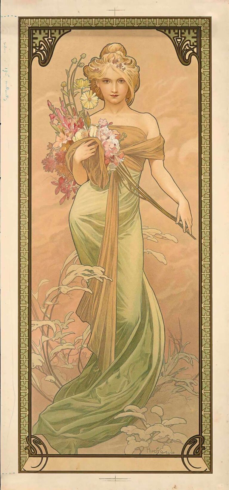 Art Nouveau panel “Spring” by Alphonse Mucha (1900) showing a poised woman in a flowing green gown crowned with blossoms, holding a bouquet of spring flowers, framed by stylized vegetal borders.