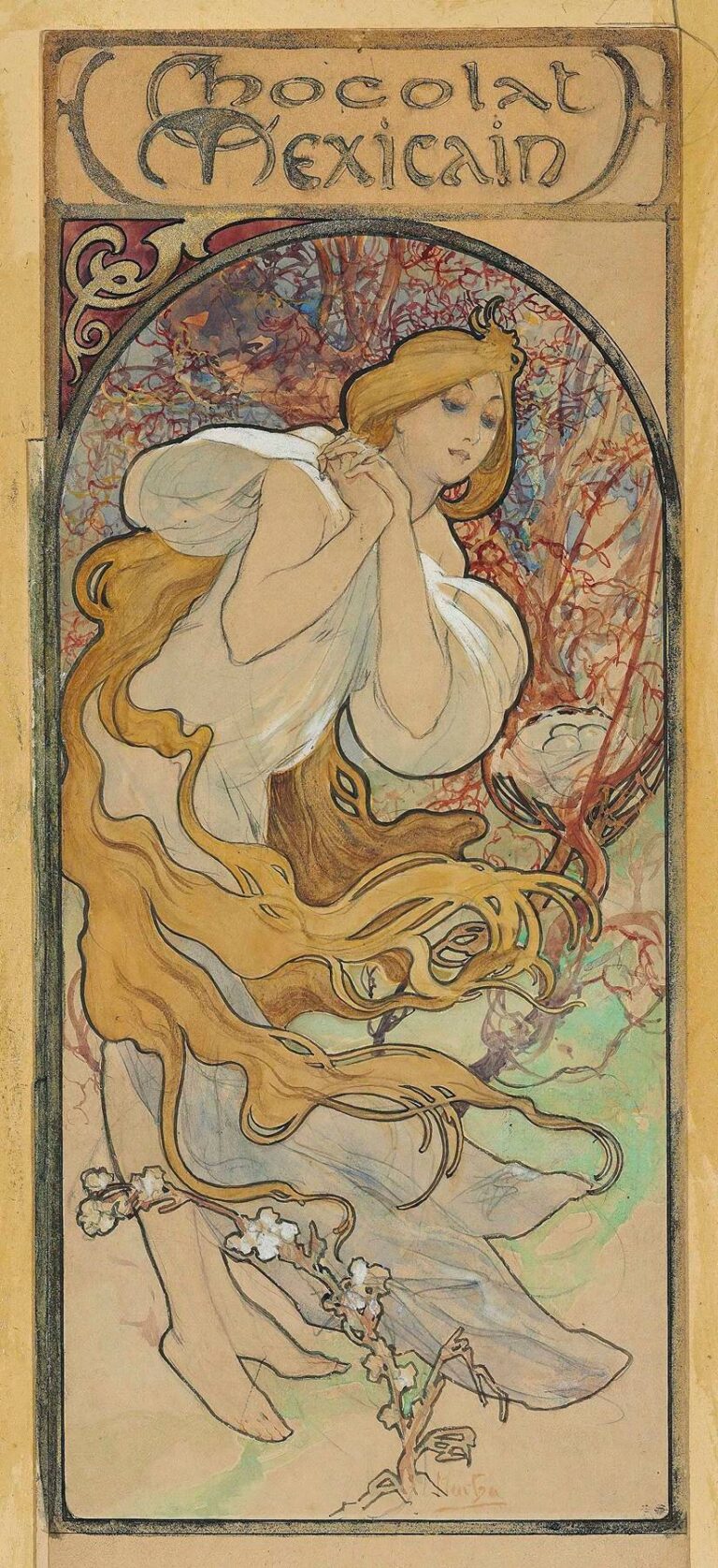 Art Nouveau poster showing a golden‑haired woman in billowing white drapery, dancing amid swirling red‑brown branches within an arched frame, topped by stylized “Chocolat Mexicain” lettering.