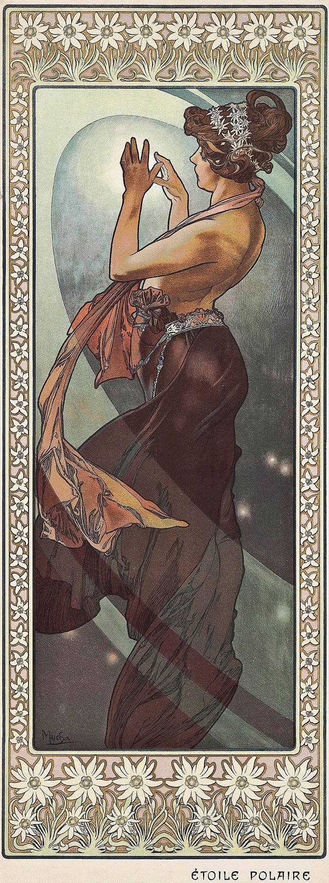 Art Nouveau lithograph “Étoile Polaire” showing a graceful woman draped in flowing fabrics dancing before a glowing North Star, framed by stylized floral borders and atmospheric night sky gradients.
