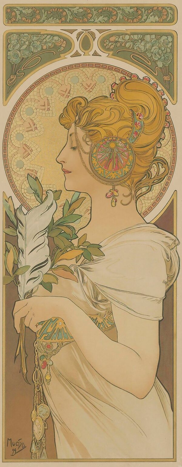 Art Nouveau poster featuring a graceful female profile crowned in blossoms, holding a quill pen and foliage, set against a circular mosaic emblem and framed by decorative acanthus friezes, designed by Alphonse Mucha for La Plume magazine (1899).