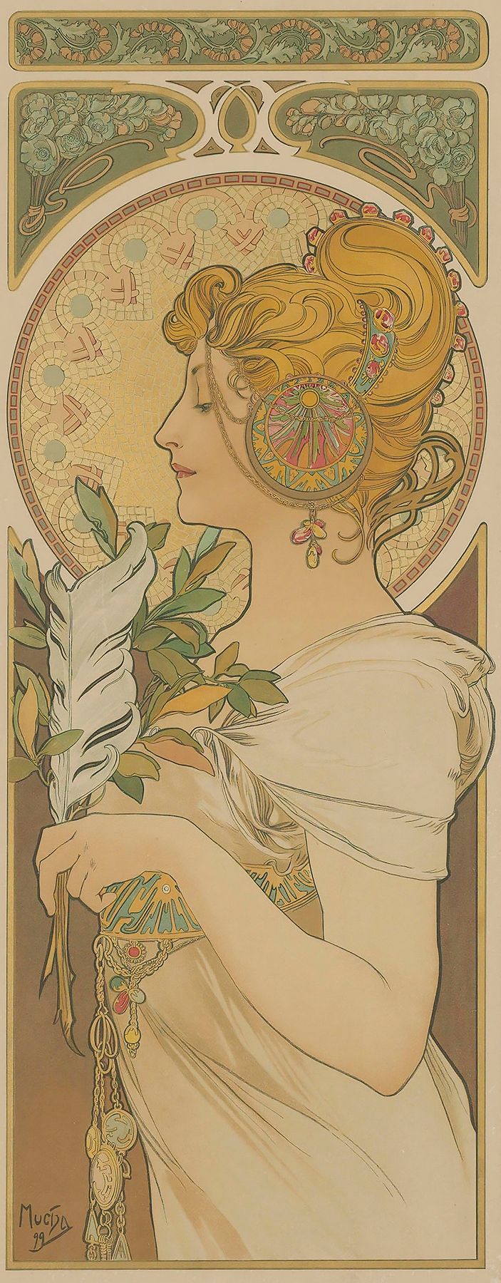 Art Nouveau poster featuring a graceful female profile crowned in blossoms, holding a quill pen and foliage, set against a circular mosaic emblem and framed by decorative acanthus friezes, designed by Alphonse Mucha for La Plume magazine (1899).