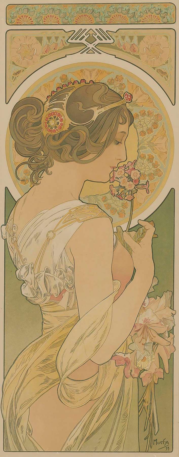 Art Nouveau lithograph “La Primevère” by Alphonse Mucha (1899) depicting a graceful woman in profile holding a primrose to her lips, framed by stylized botanical friezes and rendered in soft greens, ochres, and rose tones.