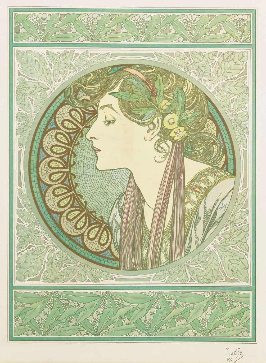 Art Nouveau lithograph “Laurel” by Alphonse Mucha (1901) showing a serene female profile crowned with a laurel wreath, holding flowers against a circular mosaic medallion, framed by stylized botanical friezes in soft green and cream tones.