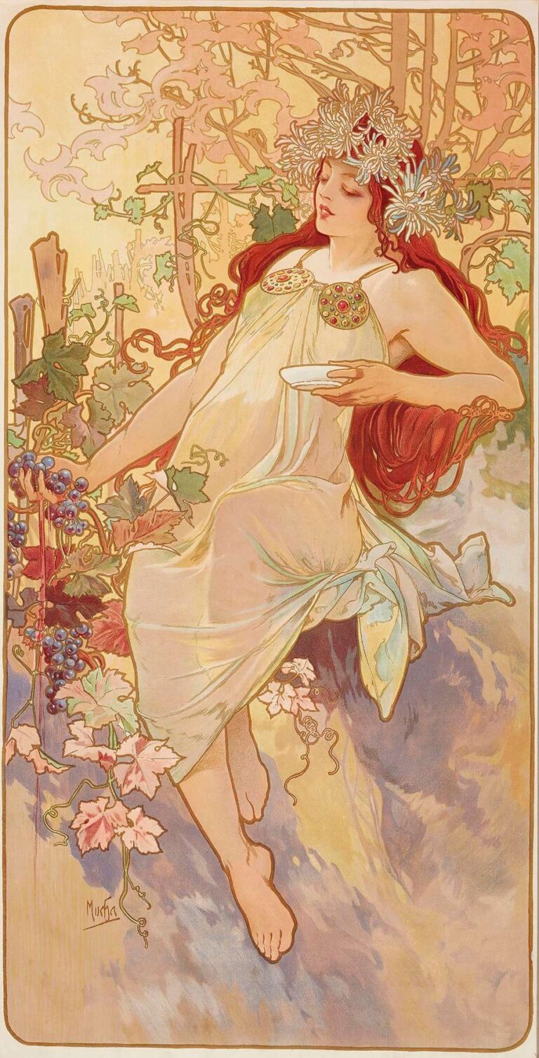 Art Nouveau lithograph “The Seasons 3” by Alphonse Mucha (1896), depicting an allegorical female figure holding grapes and grain, draped in flowing green robes against a backdrop of ripening vines, framed by stylized floral borders.