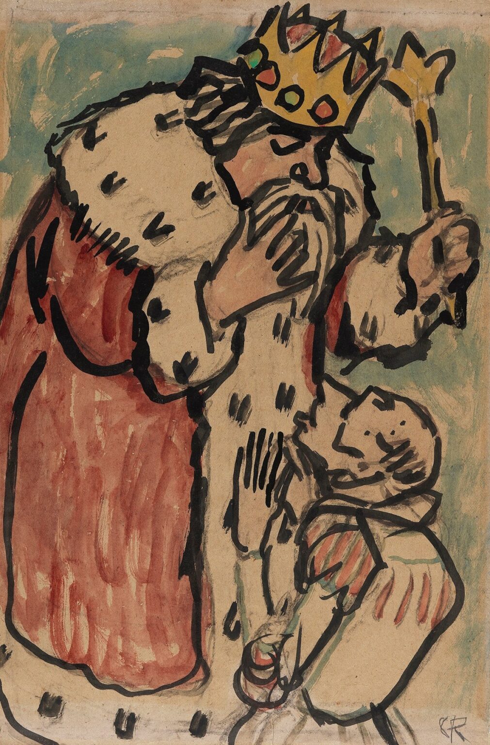 Expressionist watercolor and ink depicting a crowned monarch in red and ermine robes holding a scepter, as a supplicant kneels before him against a loose blue-green background.