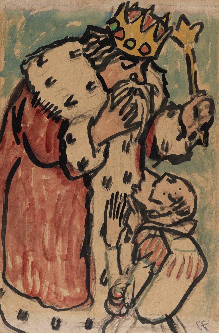 Expressionist watercolor and ink depicting a crowned monarch in red and ermine robes holding a scepter, as a supplicant kneels before him against a loose blue-green background.