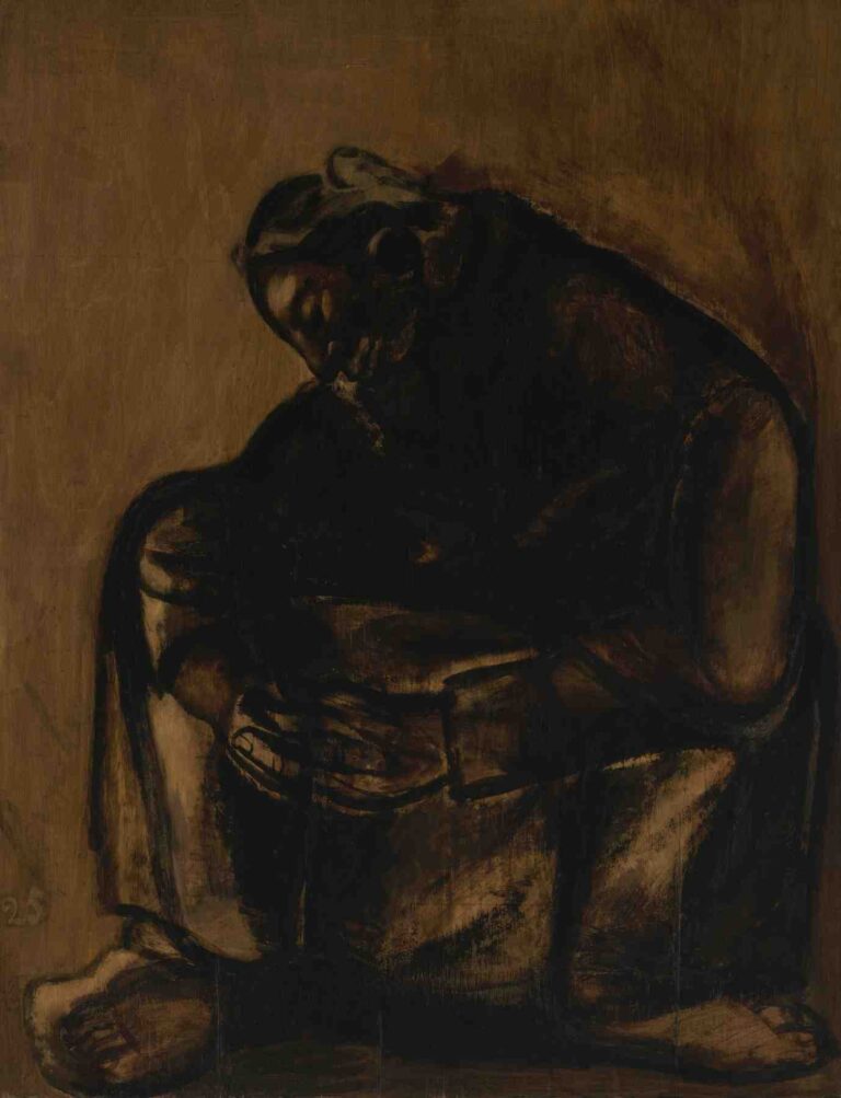 Oil painting of a humble peasant woman kneeling in prayer, hands clasped, wearing a dark coat and headscarf, set against a warm ochre-brown background rendered in broad, expressive brushstrokes.
