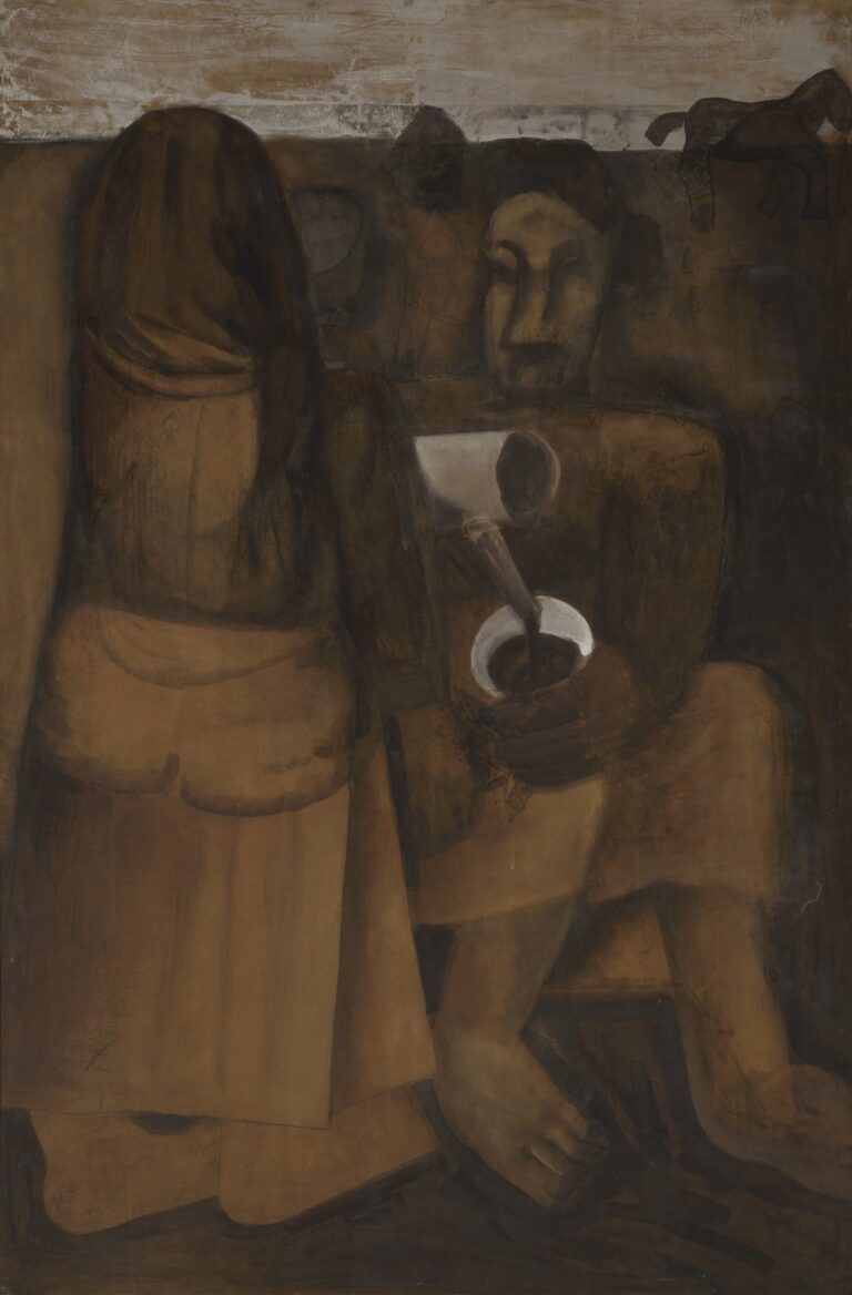Expressionist oil painting of two seated villagers in earth-toned coats, one pouring coffee from a white pot into a cup, their massive forms and muted background conveying warmth and solidarity.