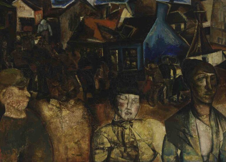 Expressionist painting of solemn villagers in heavy coats standing before dark fair stalls and banners, with muted earth tones and accents of blue and red creating a somber yet dynamic festival scene.