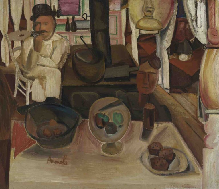 Expressionist painting of a rural pastry stall with a white-clothed table displaying bowls of fruit and pastries, flanked by two partially obscured figures against a muted earth-tone interior.