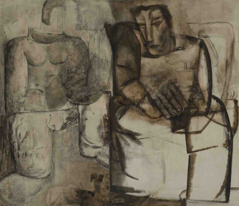 Expressionist painting of two seated figures rendered in muted grays and browns, heads bowed and hands folded, set against a blurred interior suggesting the quiet ritual of evening prayer.