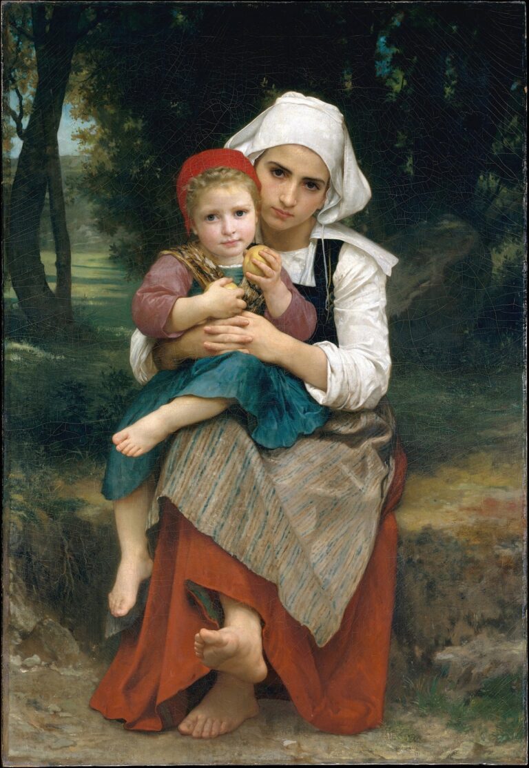 Two young children in 19th-century Breton peasant dress—an older sister wearing a white coif and red skirt tenderly holds her younger brother, who clutches an apple, as they sit against a softly lit forest backdrop.