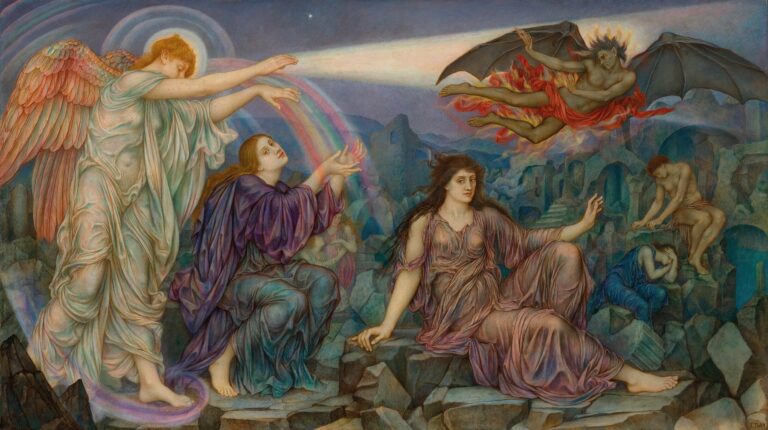 An angelic figure with iridescent wings casts a rainbow‑prism beam across a rocky ruin to expose a recoiling winged demon and three crouching souls in Evelyn De Morgan’s allegorical painting The Search‑Light.