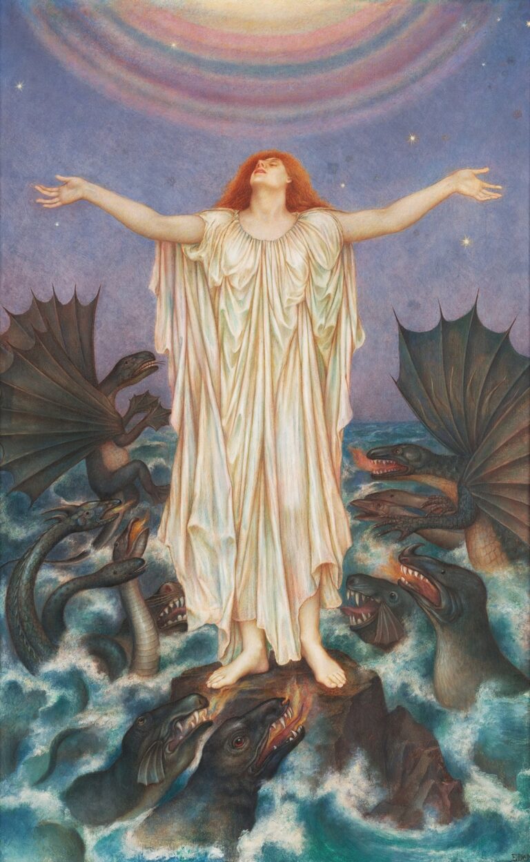 A lone woman in white stands on a rocky outcrop surrounded by snarling sea monsters, arms outstretched toward a rainbow shaft of light descending from the sky in Evelyn De Morgan’s allegorical painting S.O.S..