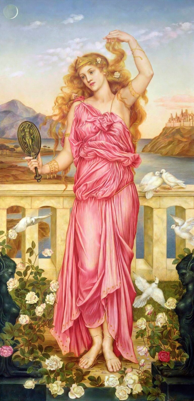 A regal woman in a flowing rose‑pink gown gazes into an ornate hand mirror on a marble terrace, white roses at her feet and doves flying overhead beneath a crescent moon, with a sunlit castle on a distant headland in Evelyn De Morgan’s Helen of Troy.