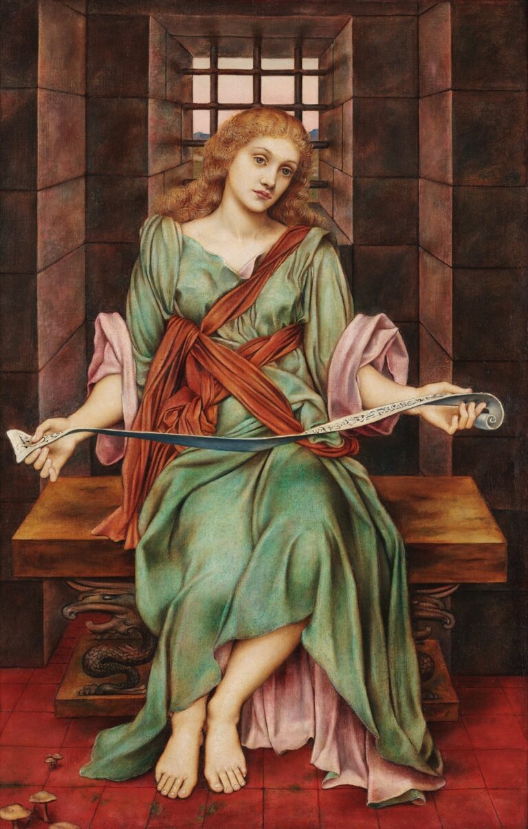 A young woman in green and rose drapery sits on a wooden bench within a dark stone cell, holding an inscribed scroll while a barred window behind her reveals a dusky landscape, in Evelyn De Morgan’s painting The Soul’s Prison House.