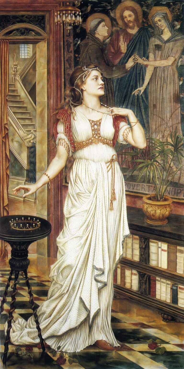 A young woman in a flowing green and pink gown stands beside a pedestal bearing a golden crown, gazing upward toward a painted panel of three saintly figures as sunlight filters through a doorway in Evelyn De Morgan’s The Crown of Glory.