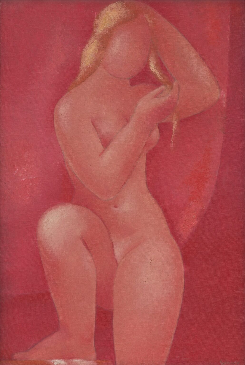 A nude woman kneels against a field of red ovals, combing her long blond hair with one hand; her simplified figure and the monochromatic red and pink background evoke a modernist, sensual after‑bath scene.