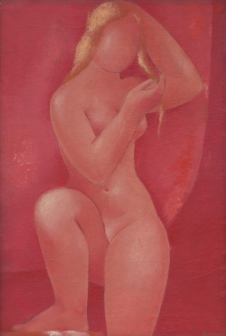 A nude woman kneels against a field of red ovals, combing her long blond hair with one hand; her simplified figure and the monochromatic red and pink background evoke a modernist, sensual after‑bath scene.