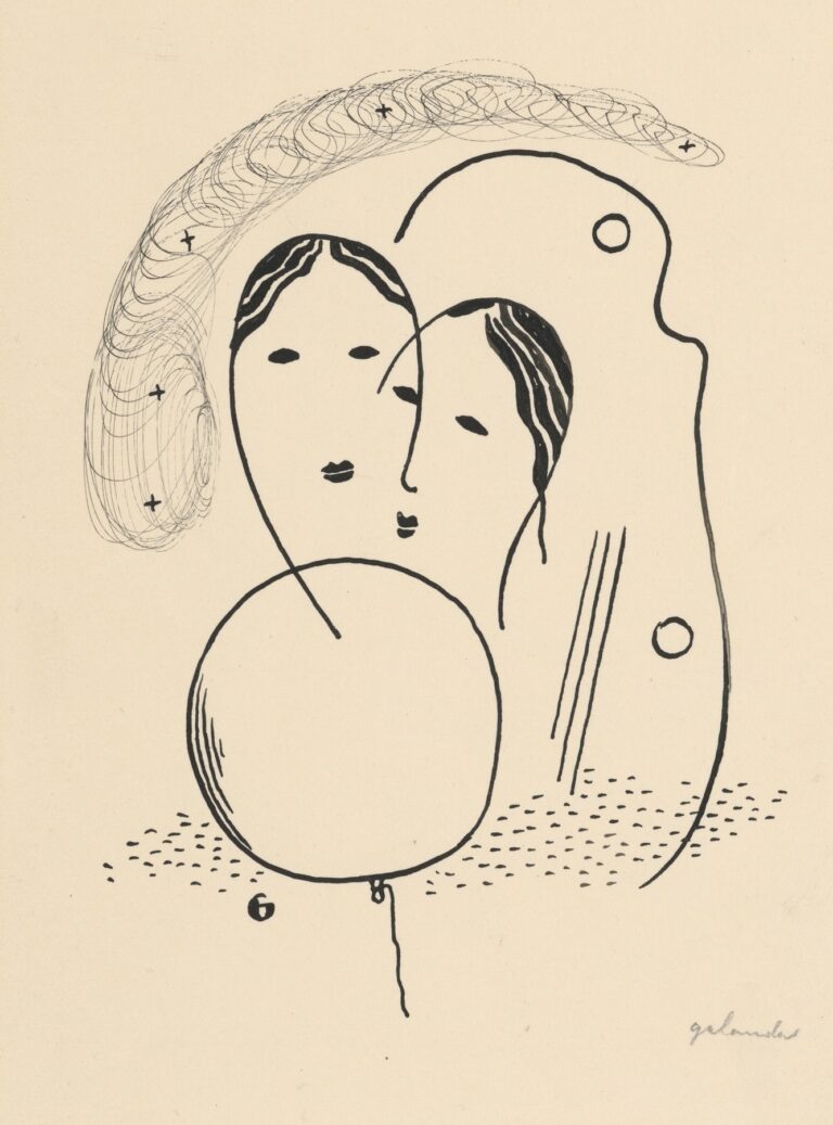 A black‑ink drawing on cream paper showing a large floating circle tethered by a thin string, two minimal mask‑like profiles overlapping inside it, a spiraling halo of loops and tiny crosses above, and calligraphic line motifs to the right.