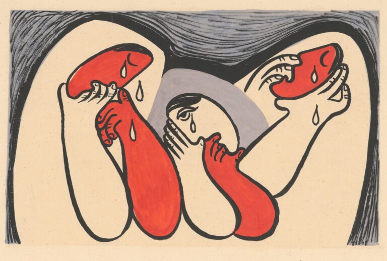 Three stylized women sit side by side with bowed heads and clasped hands, tears falling from their eyes beneath a heavy arched canopy of black ink in Mikuláš Galanda’s 1938 drawing Crying Women.